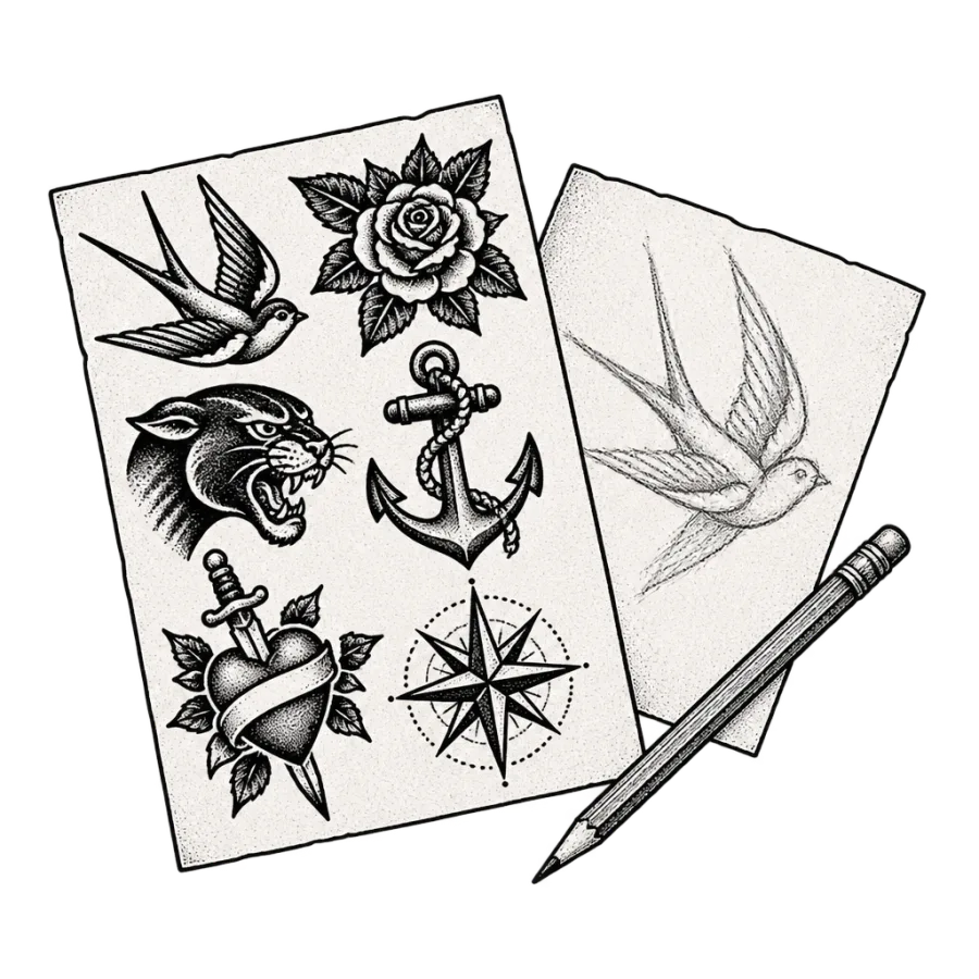 Line art illustration of a printed design beside a hand drawn sketch