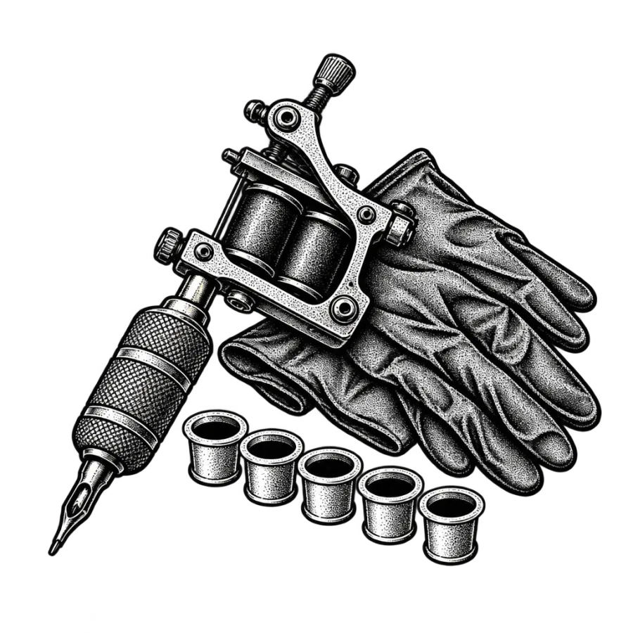 Line art illustration of a tattoo machine with ink caps and gloves