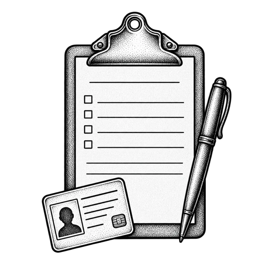 Line art drawing of a tattoo consent clipboard with pen and identity card