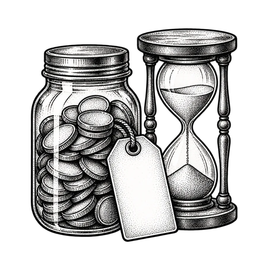 Line art illustration of a coin jar, price tag and hourglass
