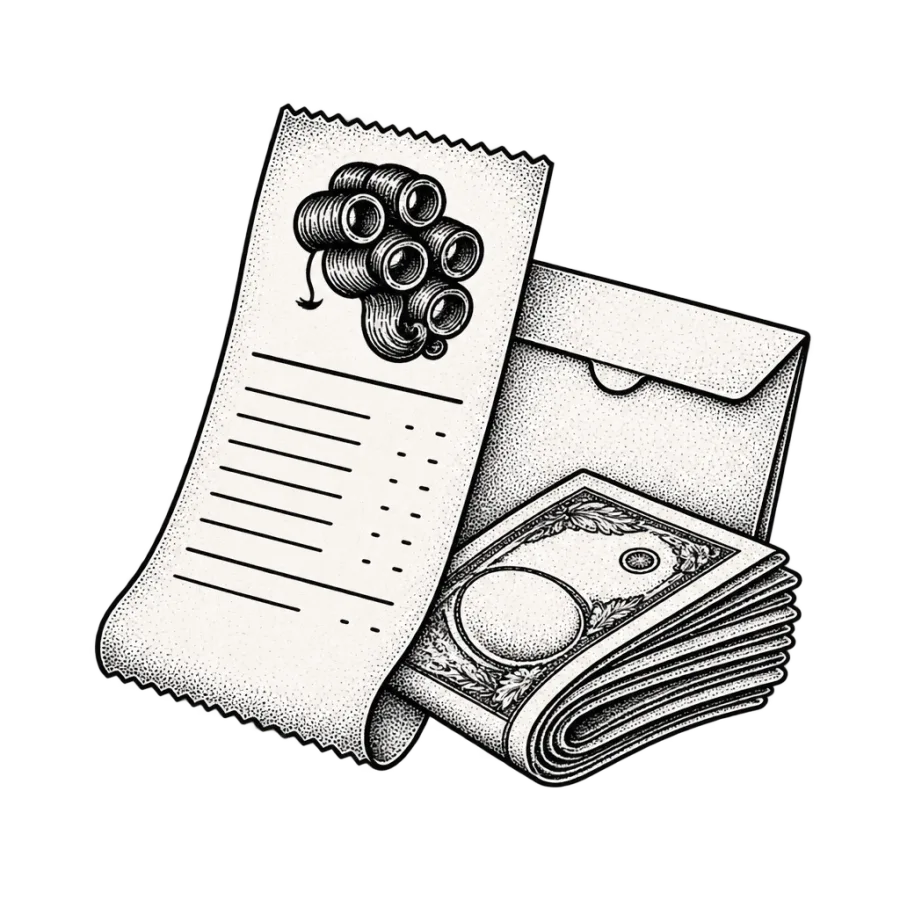 Line art drawing of a studio receipt, deposit envelope and banknotes