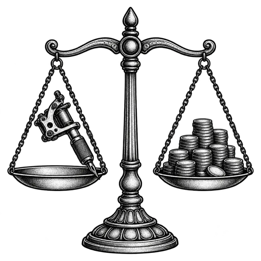Line art illustration of a scale weighing a tattoo machine against coins