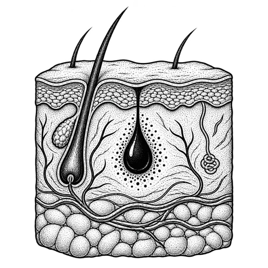 Line art diagram of skin layers with tattoo ink settling in dermis