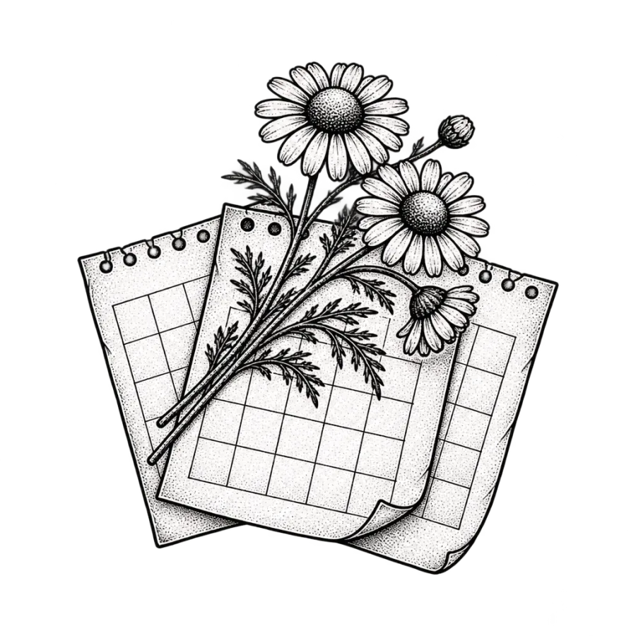 Line art drawing of calendar pages and chamomile marking tattoo healing time