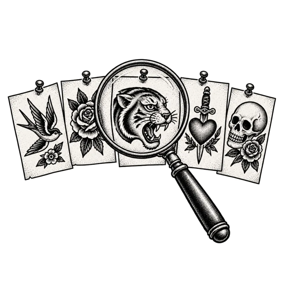 Line art drawing of a magnifying glass inspecting pinned tattoo flash sheets