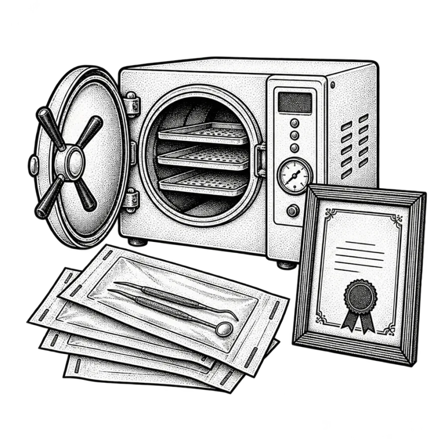 Line art illustration of studio autoclave, sterile pouches and hygiene certificate