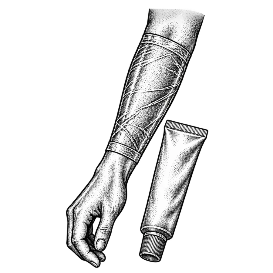 Line art illustration of a wrapped healing tattoo with aftercare balm