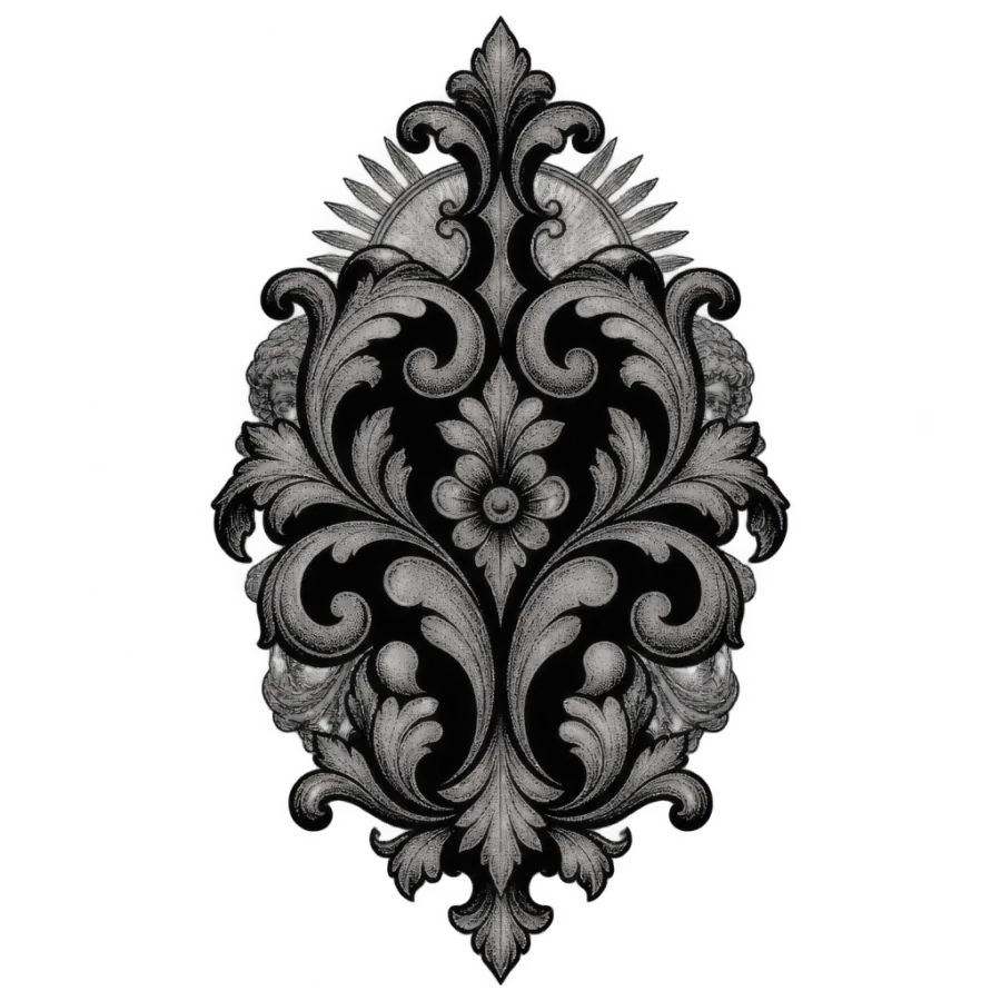 Line art illustration of a heavy ornamental panel covering a faded design