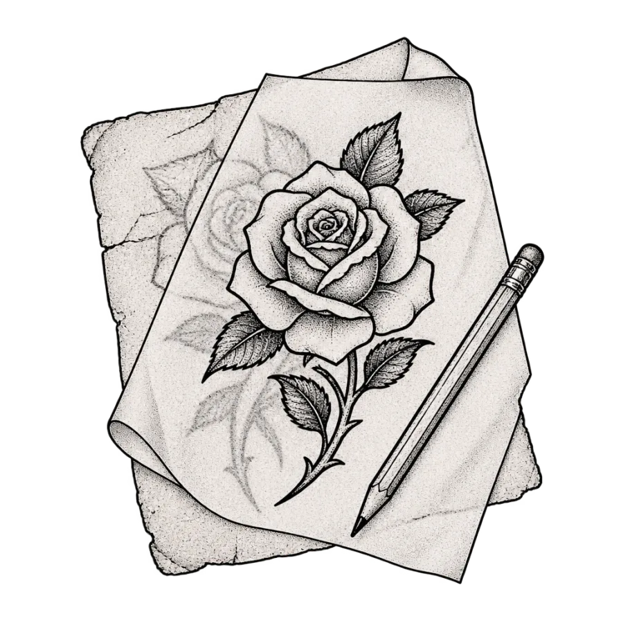 Line art drawing of tracing paper over a faded old tattoo sketch