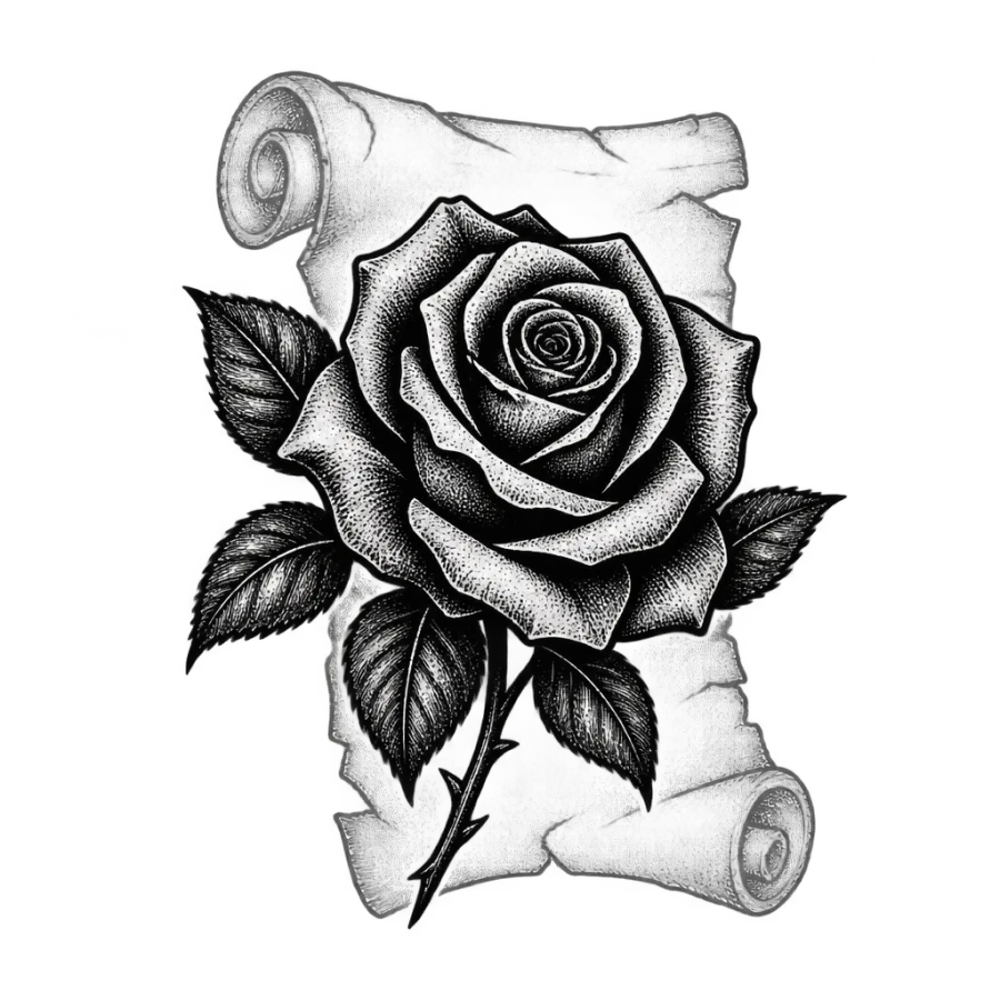 Line art illustration of a bold black rose hiding a ghosted scroll
