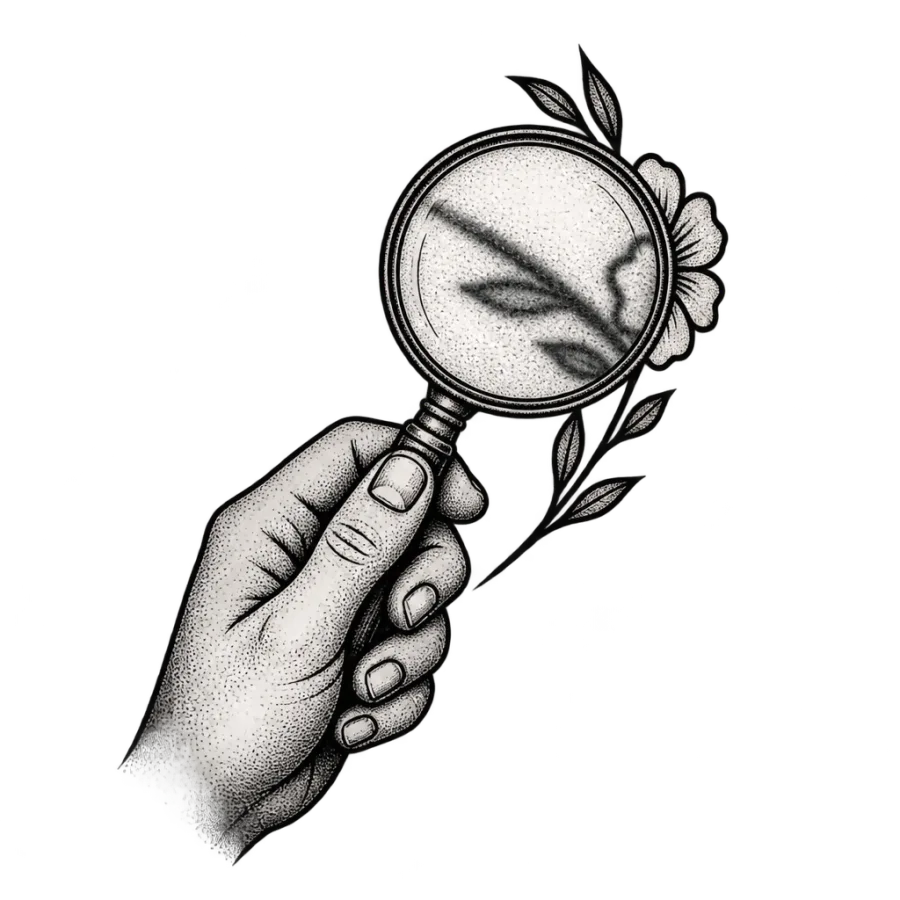 Line art drawing of a magnifying glass over a softened healed line