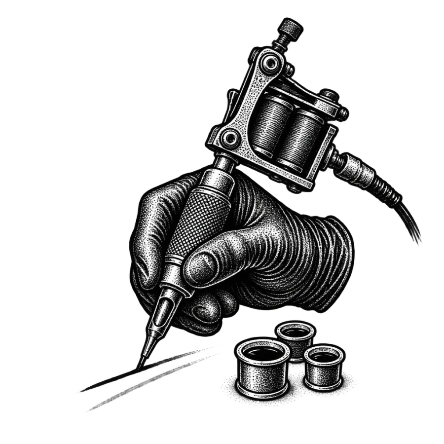 Line art illustration of a tattoo machine retouching a faded ink line