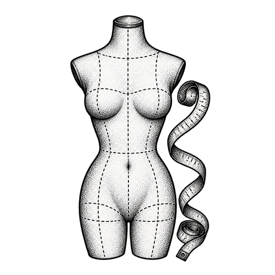 Line art illustration of a mannequin torso marked with tattoo placement zones