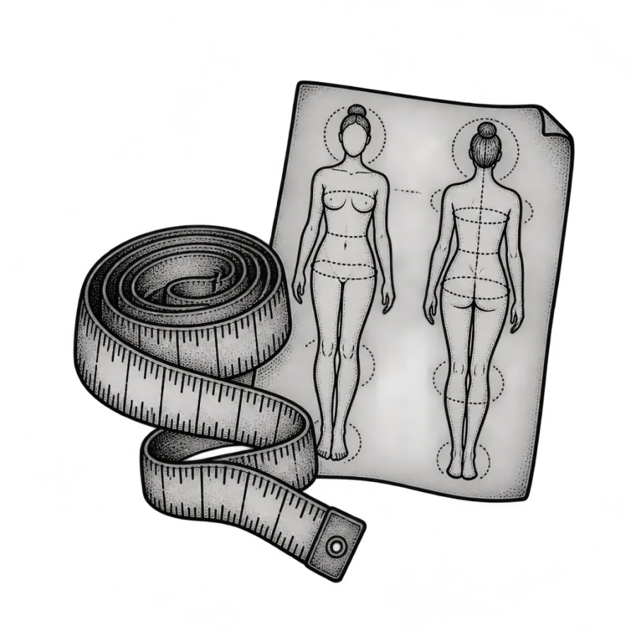Line art illustration of a measuring tape and dotted body placement chart