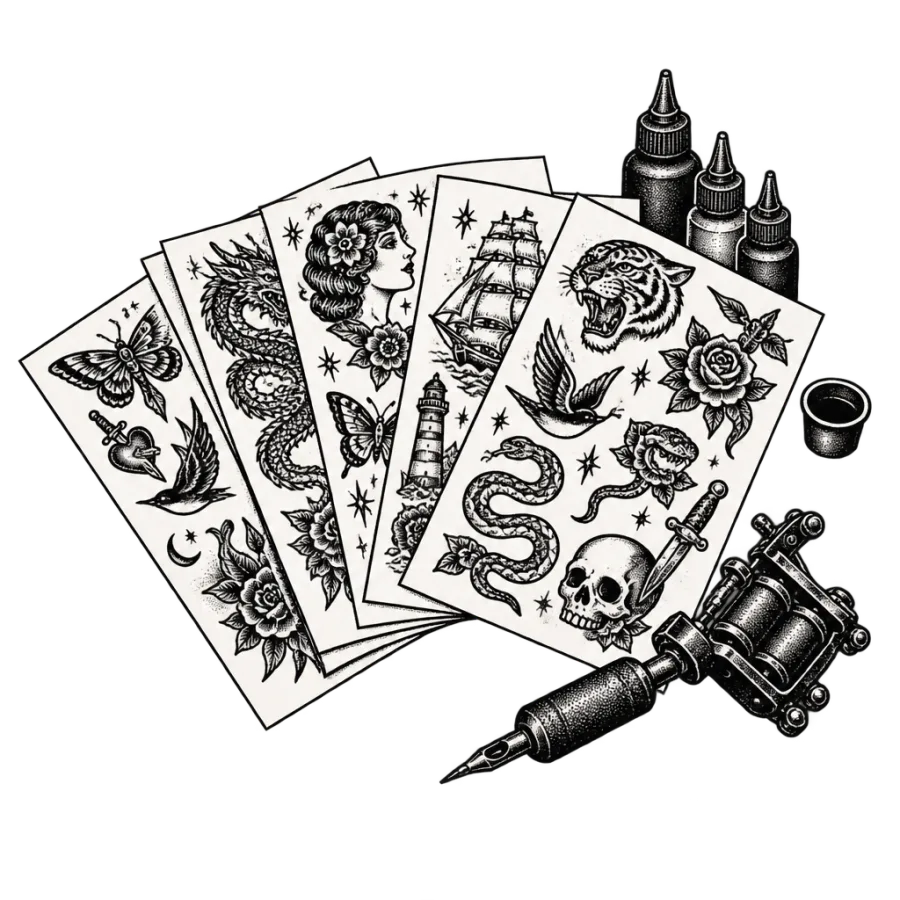 Line art illustration of flash sheets fanned across a studio counter