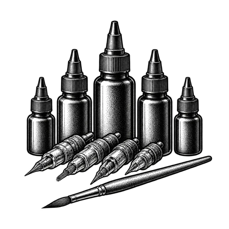 Line art drawing of ink bottles, needle cartridges and a drawing brush