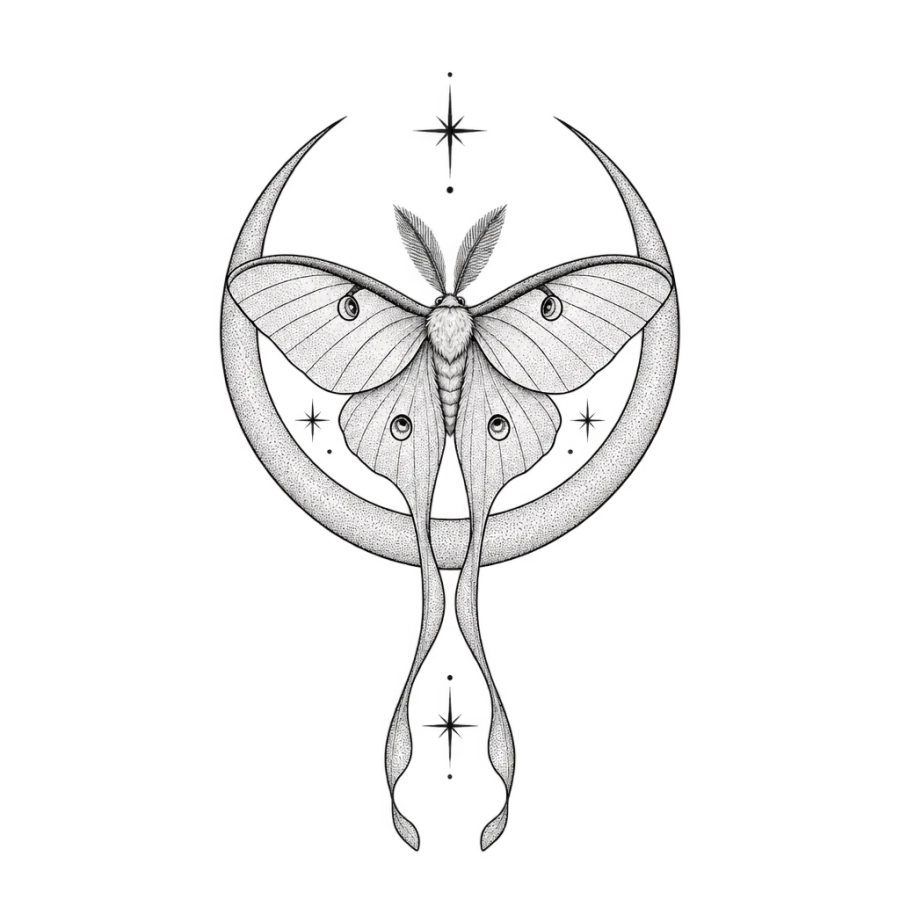 Fine line tattoo design of a luna moth resting inside a crescent moon with dotwork shading