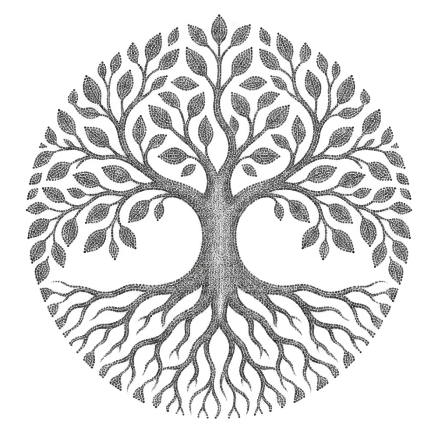 Dotwork stippled tattoo design of a round tree of life medallion