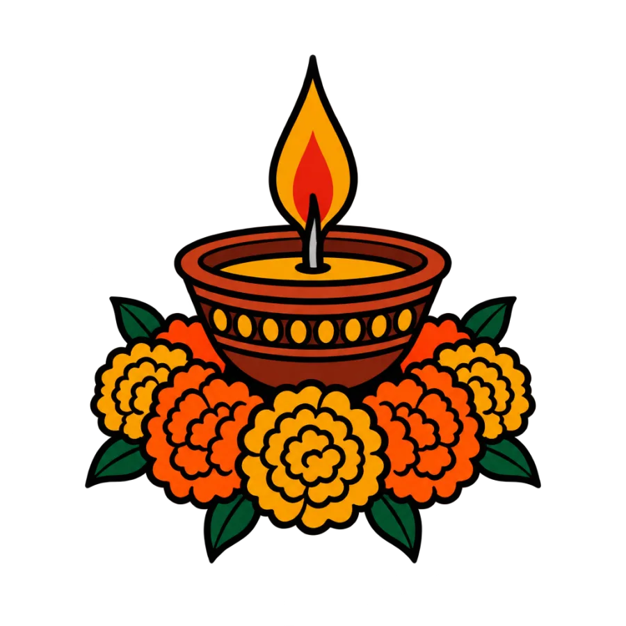 American traditional tattoo design of a clay oil lamp on a marigold garland