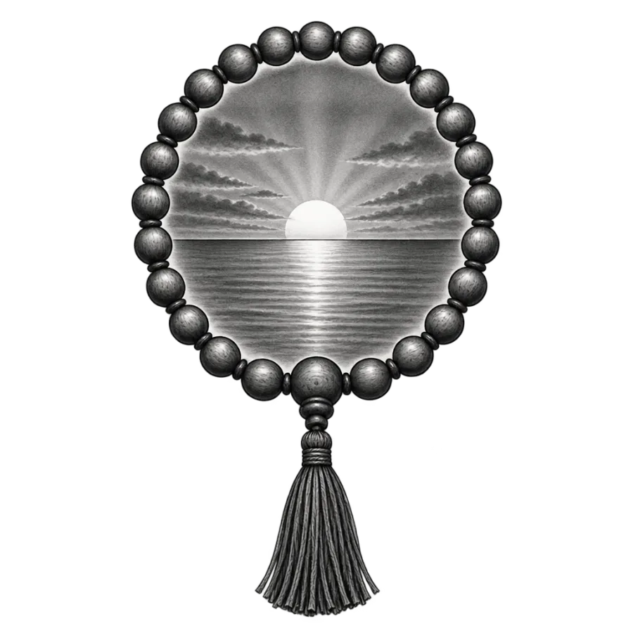 Black and grey realism tattoo design of prayer beads circling a sunrise