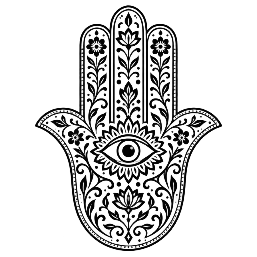 Ornamental filigree tattoo of a hamsa amulet with a central eye motif