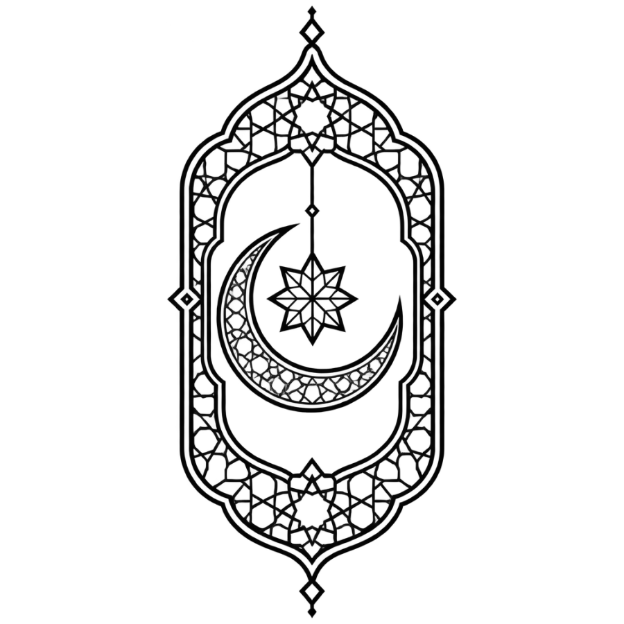 Geometric linework tattoo of a crescent and star in an ornamental arch