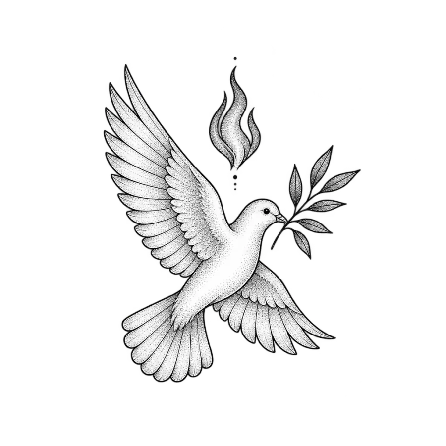 Fine line tattoo design of a dove carrying an olive branch and flame
