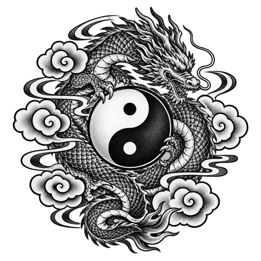Japanese irezumi tattoo design of a yin yang circled by a coiling dragon