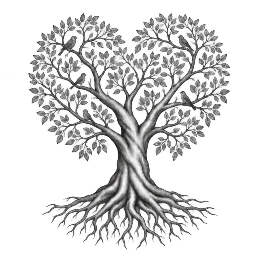 Fine line family tattoo of a rooted tree with a heart shaped canopy
