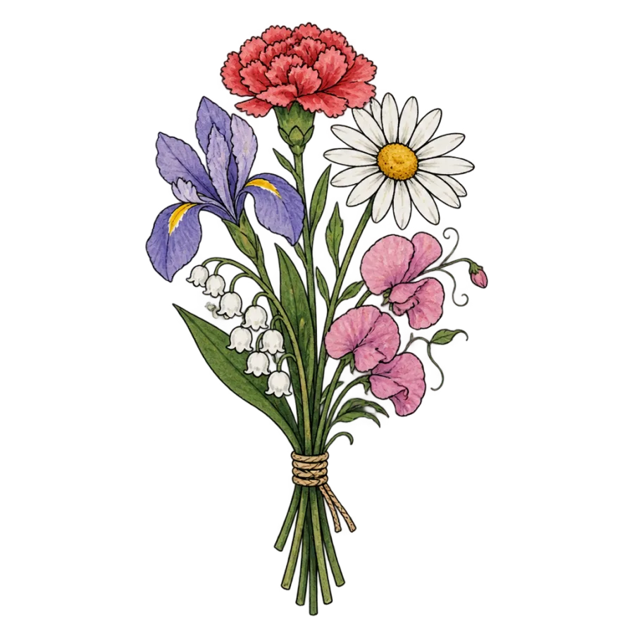 Watercolor tattoo design of five birth month flowers bound into one bouquet
