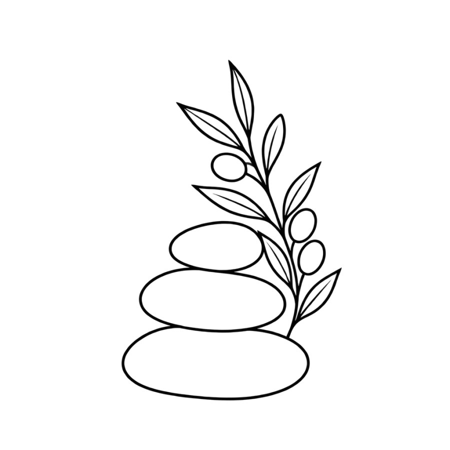 Single line minimalist tattoo of three balanced river stones and olive sprig