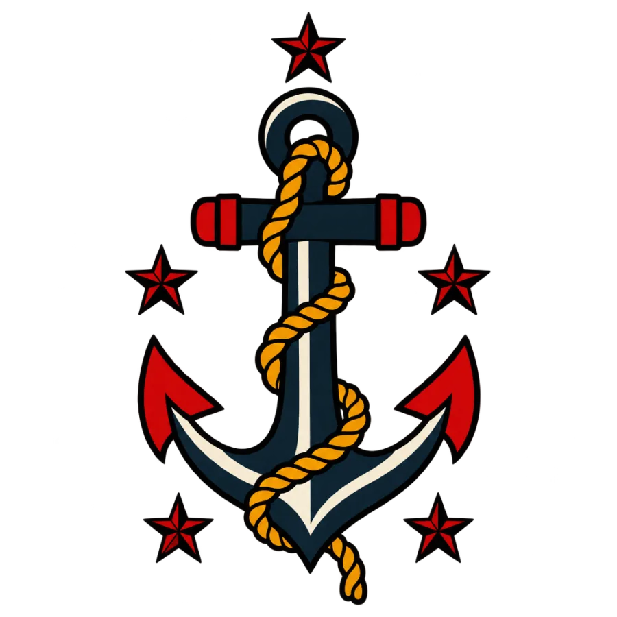 American traditional tattoo design of a rope wrapped anchor with five stars