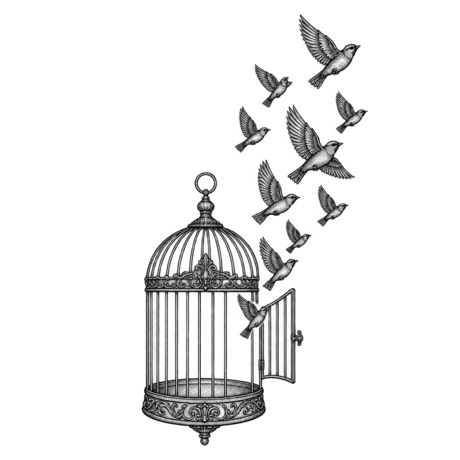 Fine line freedom tattoo of sparrows streaming out of an open birdcage door