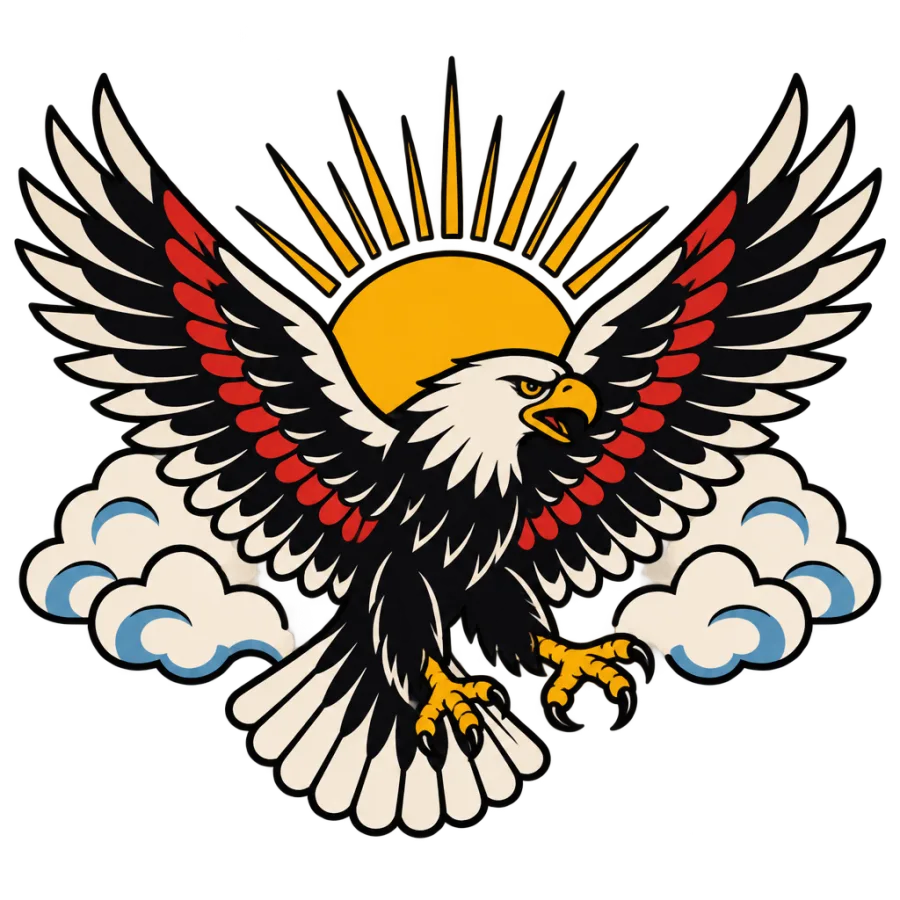 American traditional freedom tattoo of a soaring eagle before a rising sun
