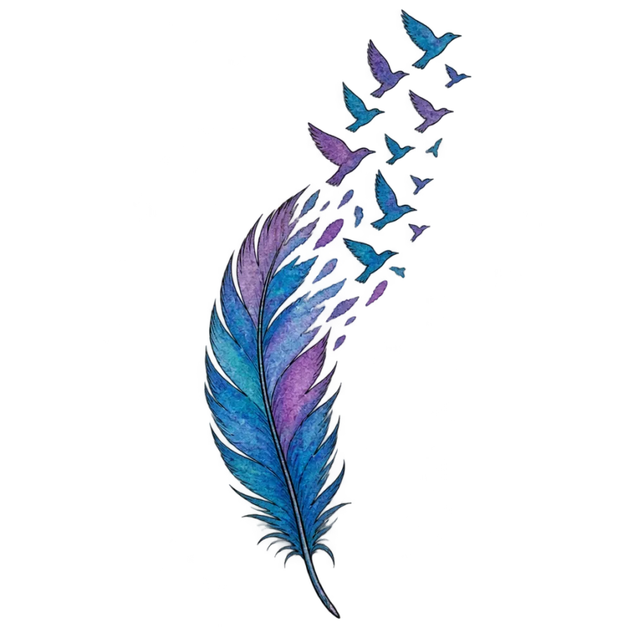 Watercolor freedom tattoo of a feather dissolving into a flight of small birds