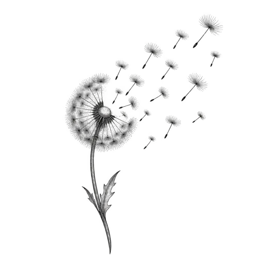 Fine line tattoo design of a dandelion scattering seeds on the wind