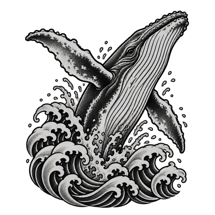 Japanese irezumi tattoo design of a humpback whale breaching through waves
