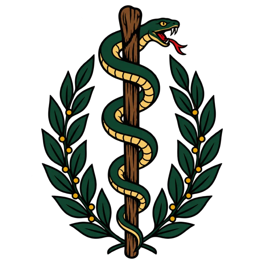 American traditional tattoo of a snake coiled around a staff with laurel