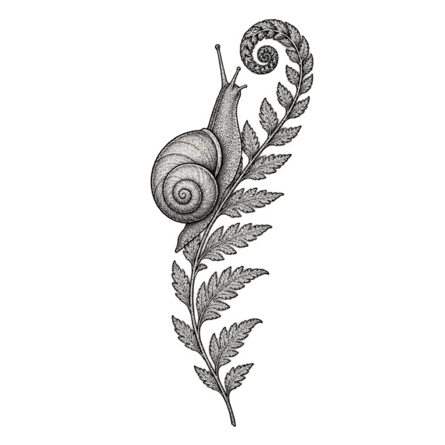 Fine line healing tattoo of a spiral shelled snail climbing a fern frond