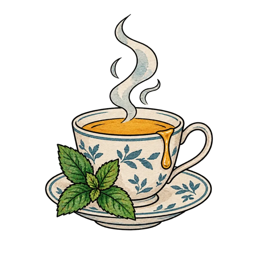 Watercolor healing tattoo of a steaming teacup with a mint sprig and honey