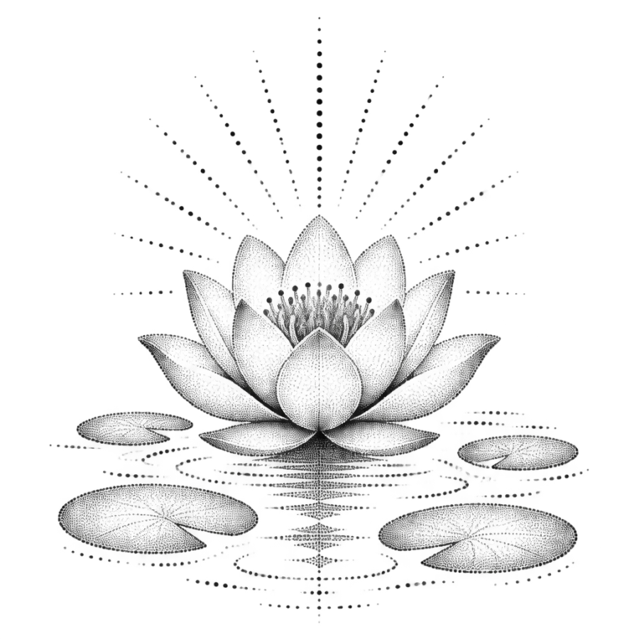 Dotwork stippled tattoo of a lotus opening above still water