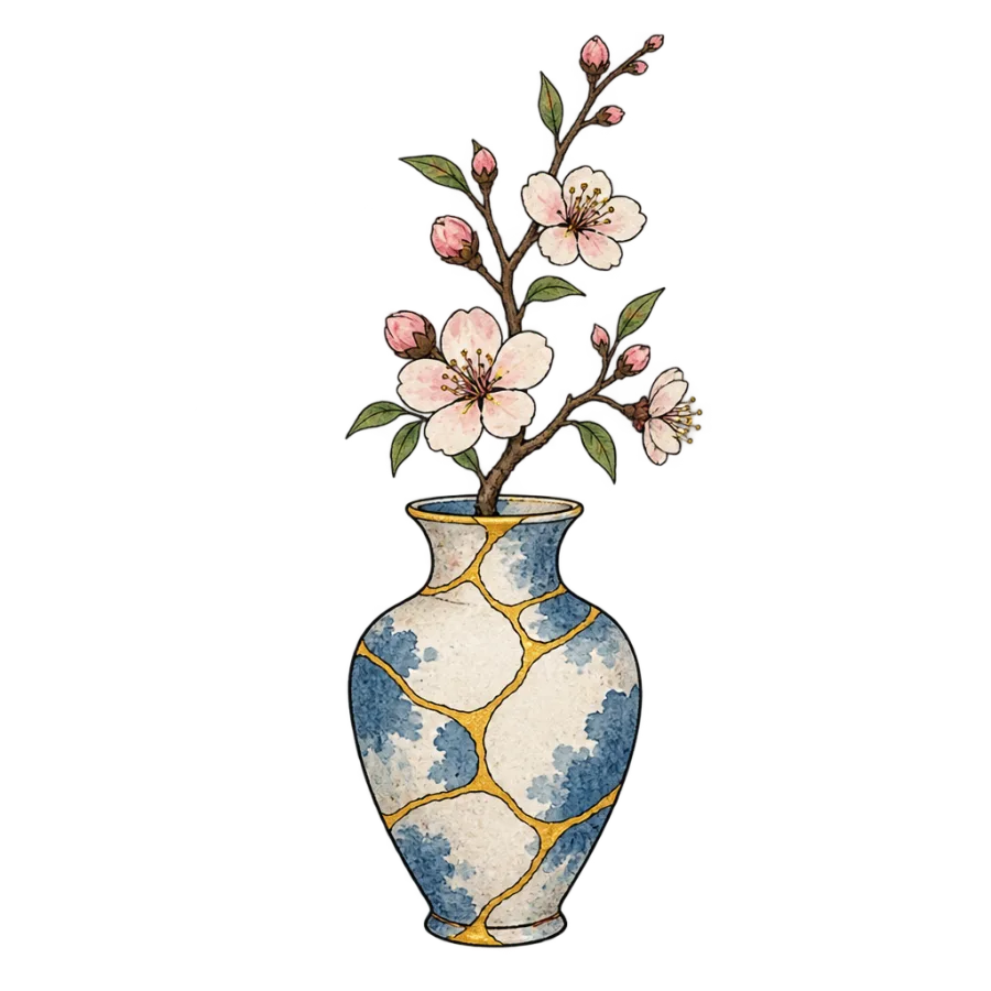 Watercolor tattoo of a kintsugi vase mended with flowing gold seams