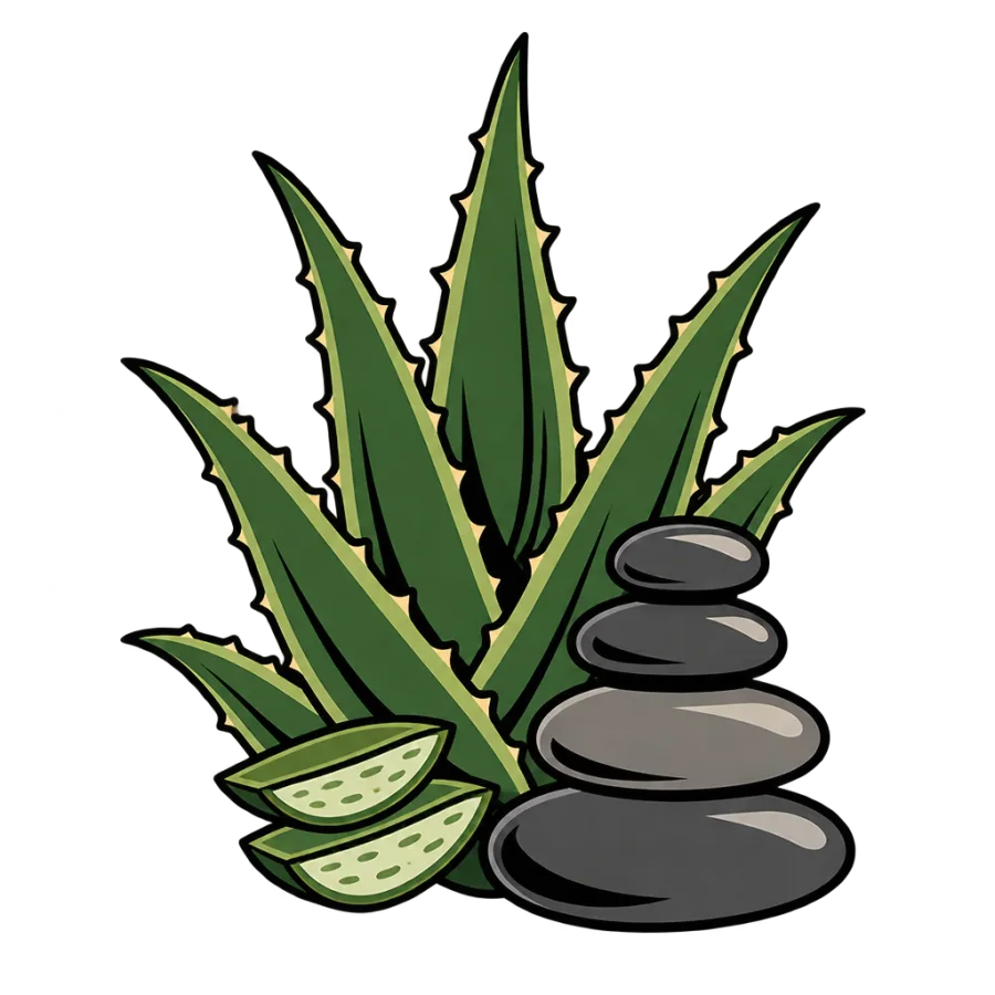 Neo traditional healing tattoo of an aloe plant beside balanced river stones