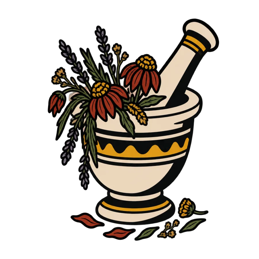 American traditional healing tattoo of a mortar and pestle overflowing with flowers