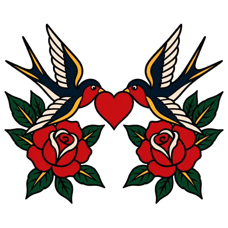 American traditional love tattoo of two swallows carrying a heart between roses