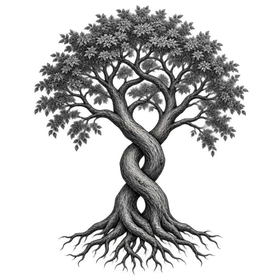 Black and grey realism tattoo of two entwined trees sharing one canopy