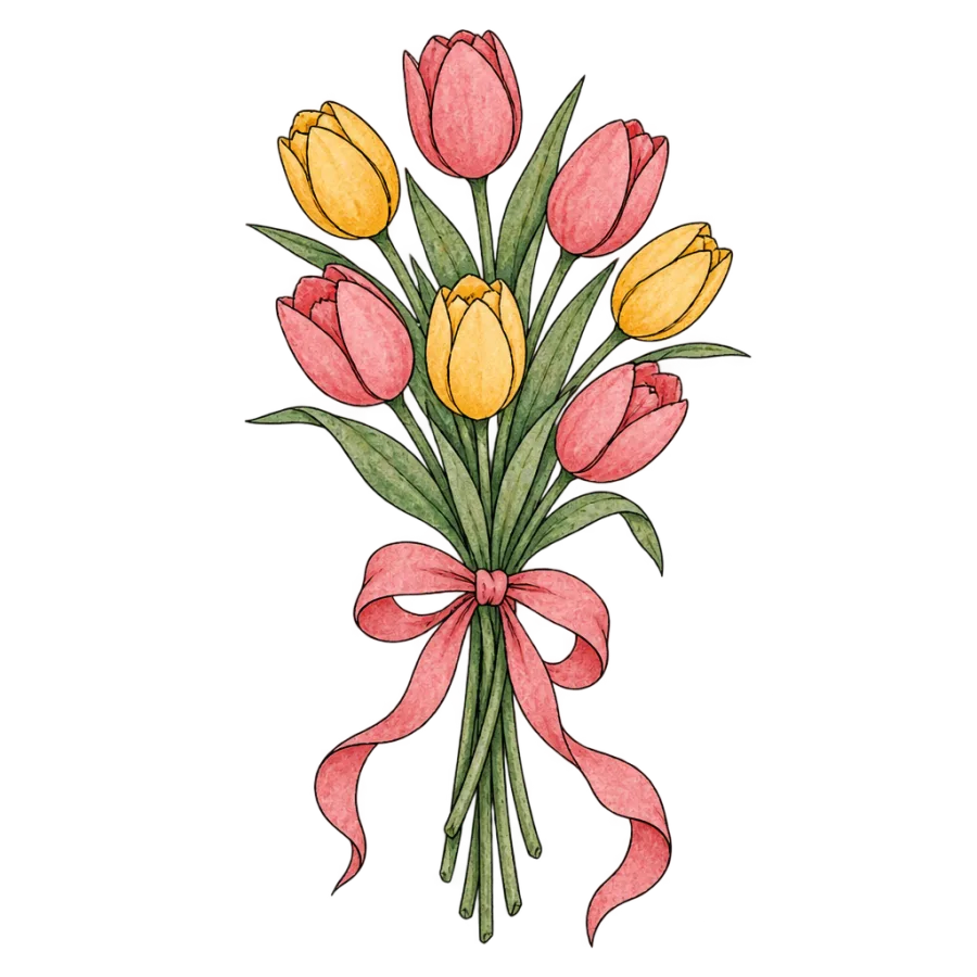 Watercolor tattoo design of a tulip bouquet tied with a flowing ribbon