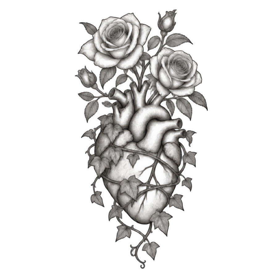 Fine line love tattoo of an anatomical heart wrapped in ivy with blooming roses