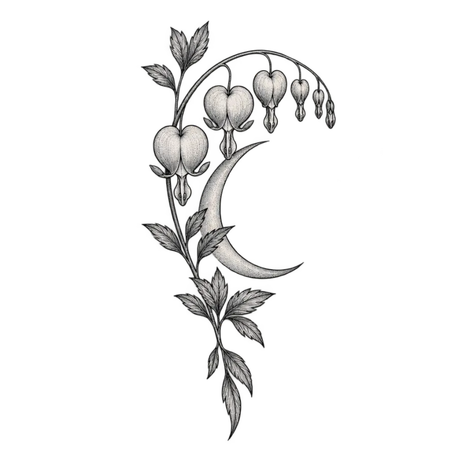 Fine line tattoo design of bleeding heart flowers arching over a crescent moon