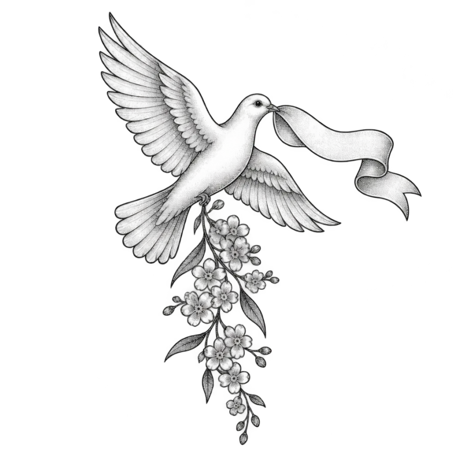 Fine line memorial tattoo of a dove carrying a ribbon with forget me nots